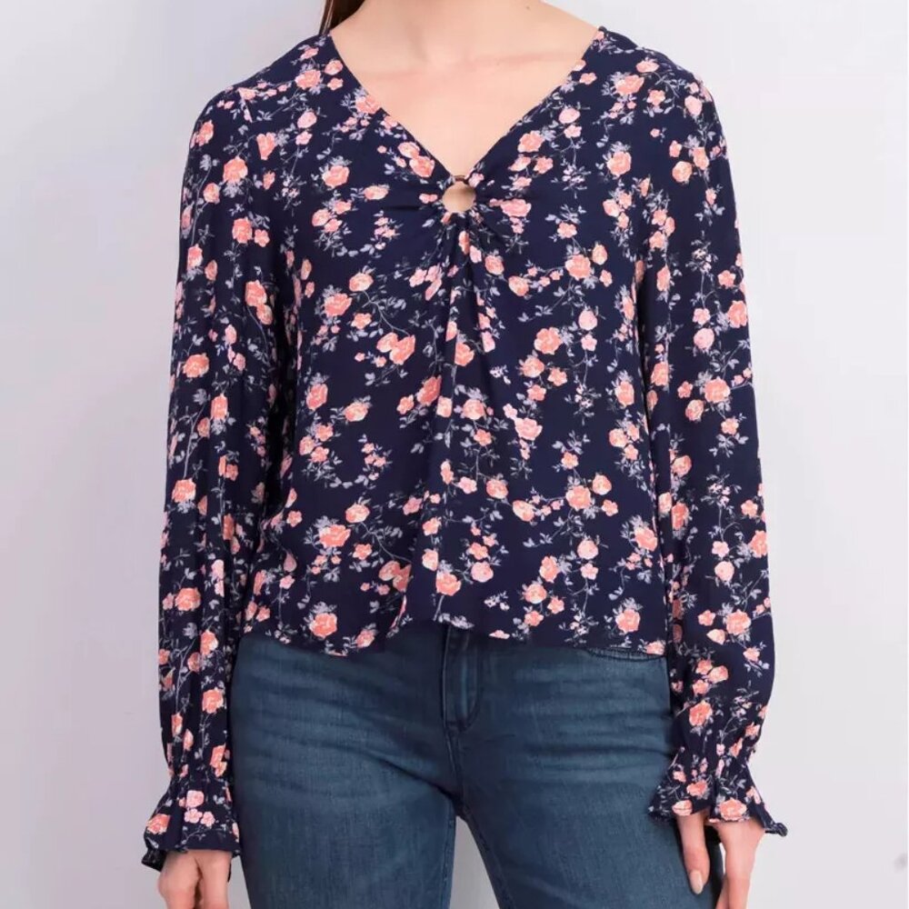 FRESHMAN 1996 Junior's Size L Dark Blue O-Ring Floral Top Shirt Blouse PERFECT!